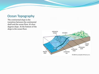 Ocean TopographyThe continental slope is the transition between the continental shelf and the ocean floor. It’s four degrees slope. At the bottom of the slope is the ocean floor. 