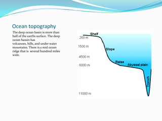 Ocean topographyThe deep ocean basin is more than half of the earths surface. The deep ocean bassin has volcanoes, hills, and under water mountains. There is a mid ocean ridge that is  several hundred miles wide. 