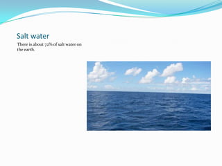 Salt waterThere is about 72% of salt water on the earth. 