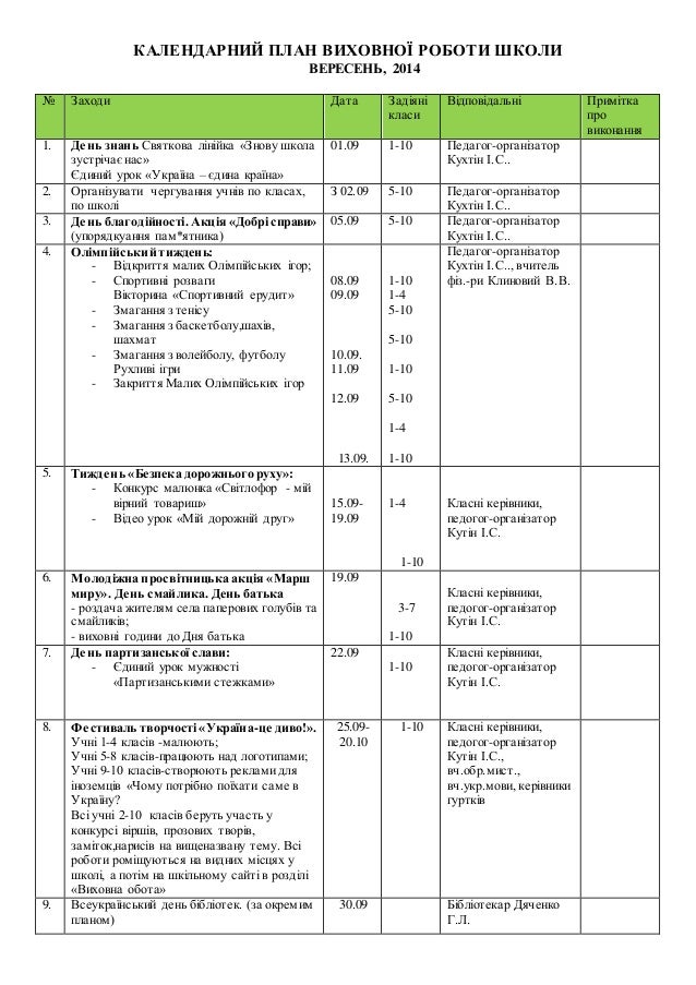 календарний план виховної роботи школи