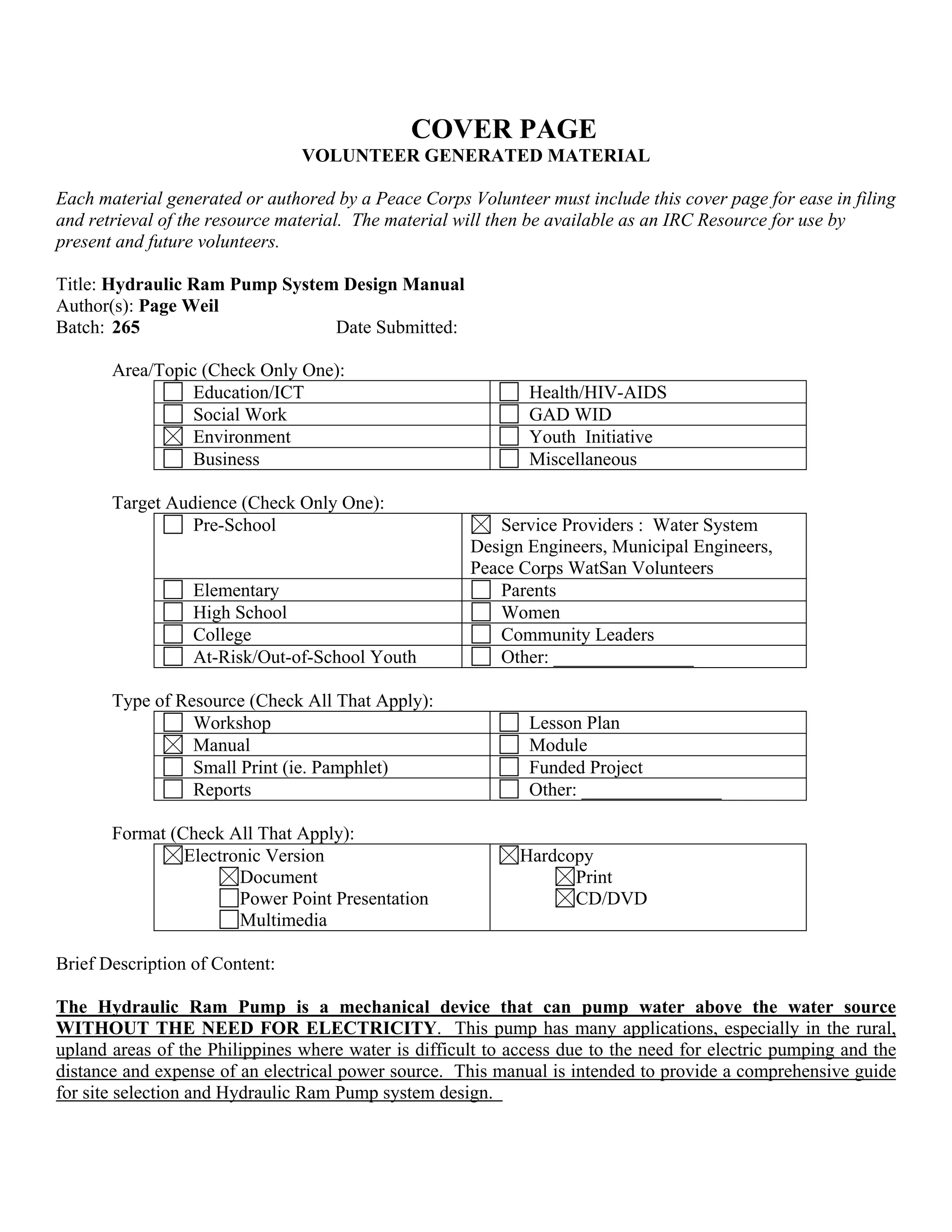 Hydraulic Ram Pump System Design Manual ~ Peace Corps | PDF