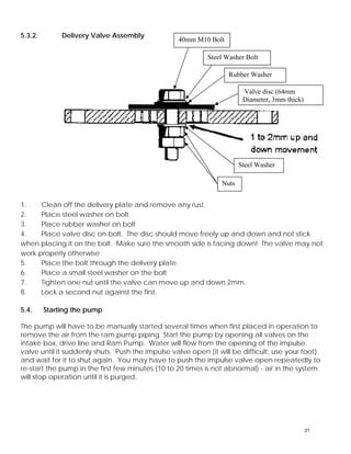 5.3.2. Delivery Valve Assembly 40mm M10 Bolt 
Steel Washer Bolt 
Rubber Washer 
Valve disc (64mm 
Diameter, 3mm thick) 
Steel Washer 
Nuts 
1. Clean off the delivery plate and remove any rust. 
2. Place steel washer on bolt 
3. Place rubber washer on bolt 
4. Place valve disc on bolt. The disc should move freely up and down and not stick 
when placing it on the bolt. Make sure the smooth side is facing down! The valve may not 
work properly otherwise 
5. Place the bolt through the delivery plate 
6. Place a small steel washer on the bolt 
7. Tighten one nut until the valve can move up and down 2mm. 
8. Lock a second nut against the first. 
5.4. Starting the pump 
The pump will have to be manually started several times when first placed in operation to 
remove the air from the ram pump piping. Start the pump by opening all valves on the 
intake box, drive line and Ram Pump. Water will flow from the opening of the impulse 
valve until it suddenly shuts. Push the impulse valve open (it will be difficult, use your foot) 
and wait for it to shut again. You may have to push the impulse valve open repeatedly to 
re-start the pump in the first few minutes (10 to 20 times is not abnormal) - air in the system 
will stop operation until it is purged. 
21 
 