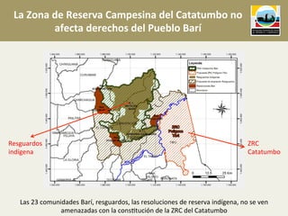 La	
  Zona	
  de	
  Reserva	
  Campesina	
  del	
  Catatumbo	
  no	
  
afecta	
  derechos	
  del	
  Pueblo	
  Barí	
  
Las	
  23	
  comunidades	
  Barí,	
  resguardos,	
  las	
  resoluciones	
  de	
  reserva	
  indígena,	
  no	
  se	
  ven	
  
amenazadas	
  con	
  la	
  cons7tución	
  de	
  la	
  ZRC	
  del	
  Catatumbo	
  
ZRC	
  
Catatumbo	
  
Resguardos	
  
indígena	
  	
  
 
