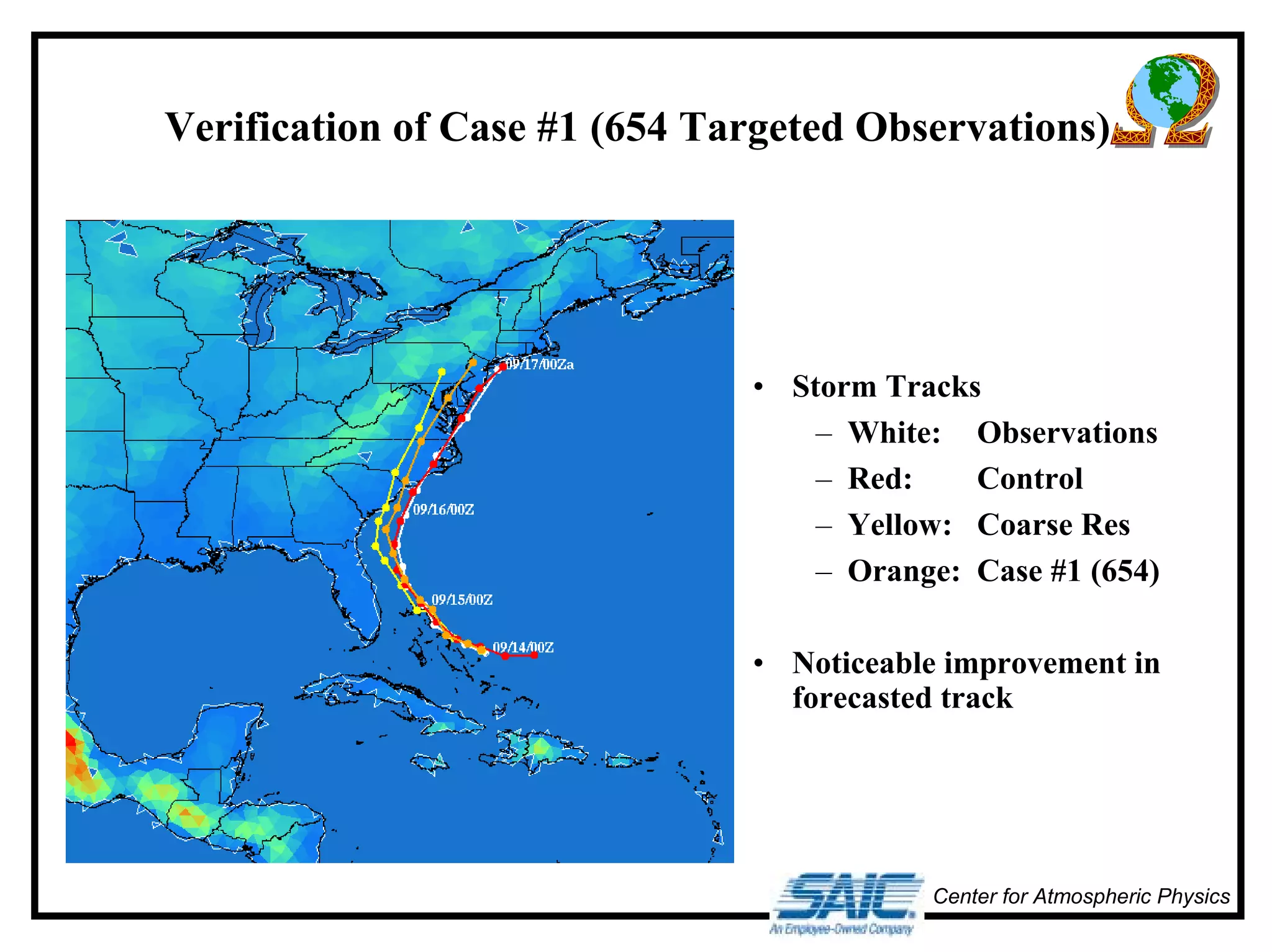 Verification of Case #1 (654 Targeted Observations) 
• Storm Tracks 
– White: Observations 
– Red: Control 
– Yellow: Coarse Res 
– Orange: Case #1 (654) 
• Noticeable improvement in 
forecasted track 
Center for Atmospheric Physics 
 