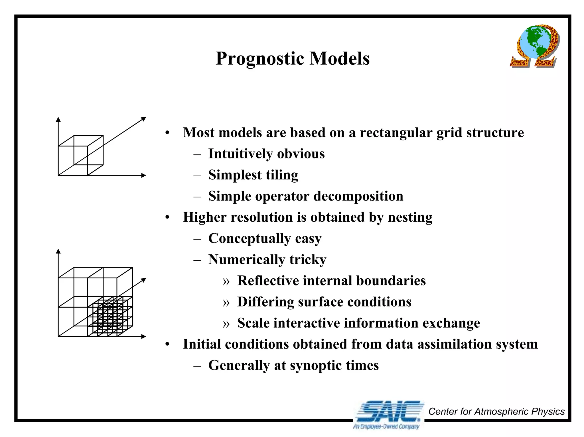 Center for Atmospheric Physics 
Prognostic Models 
• Most models are based on a rectangular grid structure 
– Intuitively obvious 
– Simplest tiling 
– Simple operator decomposition 
• Higher resolution is obtained by nesting 
– Conceptually easy 
– Numerically tricky 
» Reflective internal boundaries 
» Differing surface conditions 
» Scale interactive information exchange 
• Initial conditions obtained from data assimilation system 
– Generally at synoptic times 
 