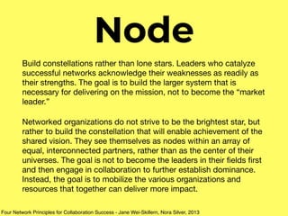 Node
Build constellations rather than lone stars. Leaders who catalyze
successful networks acknowledge their weaknesses as readily as
their strengths. The goal is to build the larger system that is
necessary for delivering on the mission, not to become the “market
leader.”

Networked organizations do not strive to be the brightest star, but
rather to build the constellation that will enable achievement of the
shared vision. They see themselves as nodes within an array of
equal, interconnected partners, rather than as the center of their
universes. The goal is not to become the leaders in their ﬁelds ﬁrst
and then engage in collaboration to further establish dominance.
Instead, the goal is to mobilize the various organizations and
resources that together can deliver more impact.
Four Network Principles for Collaboration Success - Jane Wei-Skillern, Nora Silver, 2013
 