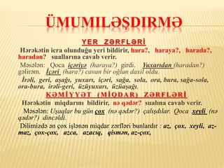 ÜMUMILƏŞDIRMƏ
YER ZƏRFLƏRİ
Hərəkətin icra olunduğu yeri bildirir, hara?, haraya?, harada?,
haradan? suallarına cavab verir.
Məsələn: Qoca içəriyə (haraya?) girdi. Yuxarıdan (haradan?)
gəlirəm. İçəri (hara?) cavan bir oğlan daxil oldu.
İrəli, geri, aşağı, yuxarı, içəri, sağa, sola, ora, bura, sağa-sola,
ora-bura, irəli-geri, üzüyuxarı, üzüaşağı,
KƏMİYYƏT (MİQDAR) ZƏRFLƏRİ
Hərəkətin miqdarını bildirir, nə qədər? sualına cavab verir.
Məsələn: Uşaqlar bu gün çox (nə qədər?) çalışdılar. Qoca xeyli (nə
qədər?) dincəldi.
Dilimizdə ən çox işlənən miqdar zərfləri bunlardır : az, çox, xeyli, az-
maz, çox-çox, azca, azacıq, qismən, az-çox,
 