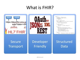 @ekivemark
What	is	FHIR?
Secure	
Transport
Developer	
Friendly
Structured	
Data
 