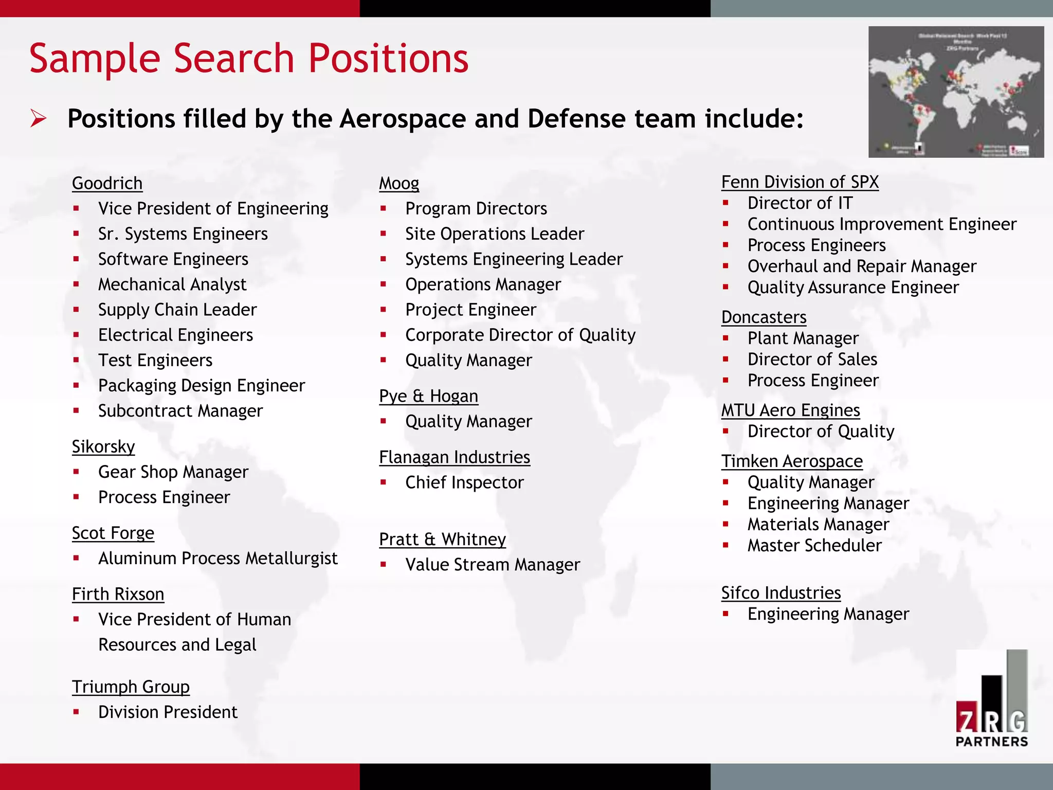 Sample Search Positions
 Positions filled by the Aerospace and Defense team include:

   Goodrich                          Moog                              Fenn Division of SPX
    Vice President of Engineering    Program Directors                Director of IT
                                                                        Continuous Improvement Engineer
    Sr. Systems Engineers            Site Operations Leader
                                                                        Process Engineers
    Software Engineers               Systems Engineering Leader       Overhaul and Repair Manager
    Mechanical Analyst               Operations Manager               Quality Assurance Engineer
    Supply Chain Leader              Project Engineer                Doncasters
    Electrical Engineers             Corporate Director of Quality    Plant Manager
    Test Engineers                   Quality Manager                  Director of Sales
    Packaging Design Engineer                                          Process Engineer
                                     Pye & Hogan
    Subcontract Manager                                               MTU Aero Engines
                                      Quality Manager
                                                                        Director of Quality
   Sikorsky
                                     Flanagan Industries               Timken Aerospace
    Gear Shop Manager
                                      Chief Inspector                  Quality Manager
    Process Engineer                                                   Engineering Manager
   Scot Forge                                                           Materials Manager
                                     Pratt & Whitney                    Master Scheduler
    Aluminum Process Metallurgist    Value Stream Manager
   Firth Rixson                                                        Sifco Industries
    Vice President of Human                                            Engineering Manager
       Resources and Legal

   Triumph Group
    Division President
 