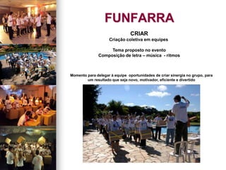 FUNFARRA
CRIAR
Criação coletiva em equipes
Tema proposto no evento
Composição de letra – música - ritmos
Momento para delegar à equipe oportunidades de criar sinergia no grupo, para
um resultado que seja novo, motivador, eficiente e divertido
 
