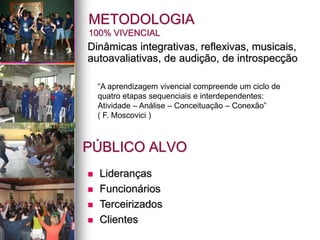METODOLOGIA
100% VIVENCIAL
Dinâmicas integrativas, reflexivas, musicais,
autoavaliativas, de audição, de introspecção
PÚBLICO ALVO
 Lideranças
 Funcionários
 Terceirizados
 Clientes
“A aprendizagem vivencial compreende um ciclo de
quatro etapas sequenciais e interdependentes:
Atividade – Análise – Conceituação – Conexão”
( F. Moscovici )
 