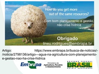 Com bom planejamento e gestão,
não crise hídrica
Artigo: https://www.embrapa.br/busca-de-noticias/-
/noticia/2798136/artigo---agua-na-agricultura-com-planejamento-
e-gestao-nao-ha-crise-hidrica
Obrigado
lineu.rodrigues@embrapa.br
 