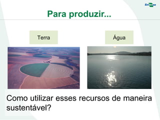 Para produzir...
Terra Água
Como utilizar esses recursos de maneira
sustentável?
 