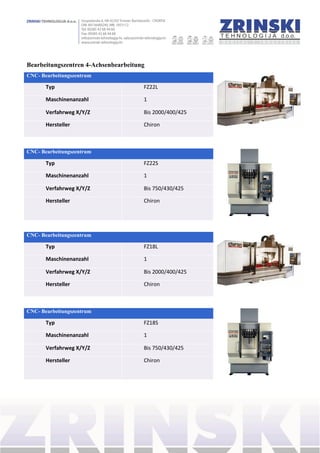 Bearbeitungszentren 4-Achsenbearbeitung
CNC- Bearbeitungszentrum
Typ FZ22L
Maschinenanzahl 1
Verfahrweg X/Y/Z Bis 2000/400/425
Hersteller Chiron
CNC- Bearbeitungszentrum
Typ FZ22S
Maschinenanzahl 1
Verfahrweg X/Y/Z Bis 750/430/425
Hersteller Chiron
CNC- Bearbeitungszentrum
Typ FZ18L
Maschinenanzahl 1
Verfahrweg X/Y/Z Bis 2000/400/425
Hersteller Chiron
CNC- Bearbeitungszentrum
Typ FZ18S
Maschinenanzahl 1
Verfahrweg X/Y/Z Bis 750/430/425
Hersteller Chiron
 