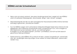 11© Mechtild Erpenbeck • CONSULTACT • Beratungsgesellschaft für kreative Organisationsentwicklung
WÜRMLI und der Schweinehund
• Wenn man sich etwas vornimmt, also einen Handlungsvorsatz fasst, meldet sich das WÜRMLI
sofort mit spürbaren Körpersignalen, die entweder „Bingo“ oder „Grmpfl“ anzeigen.
• Diese Körpersignale sind die von dem portugiesischen Neurowissenschaftler António Damásio
erstmalig so genannten „Somatischen Marker“.
• Nun hat WÜRMLI wegen nicht vorhandener Antizipationsfähigkeit leider keine Antenne für die
gelegentlich doch heilsamen Konsequenzen eines unangenehmen Tuns, und so reagiert es
strikt ablehnend auf ein Vorhaben wie z.B. „zum Zahnarzt gehen“.
Es reagiert nur auf den Erfahrungswert „Schmerz“ (unmittelbar) und nicht auf die dadurch
gewonnene Heilung (mittelbar).
• Daher kommt es, dass WÜRMLI oft zu Unrecht mit dem „inneren Schweinehund“ verwechselt
wird, der –landläufiger Meinung zufolge- immer wieder mit starker Willenskraft „überwunden“
werden muss.
 