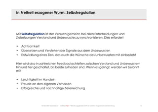 15© Mechtild Erpenbeck • CONSULTACT • Beratungsgesellschaft für kreative Organisationsentwicklung
In Freiheit erzogener Wurm: Selbstregulation
Mit Selbstregulation ist der Versuch gemeint, bei allen Entscheidungen und
Zielsetzungen Verstand und Unbewusstes zu synchronisieren. Dies erfordert
• Achtsamkeit
• Übersetzen und Verstehen der Signale aus dem Unbewussten
• Entwicklung eines Ziels, das auch die Wünsche des Unbewussten mit einbezieht
Hier wird also in zahlreichen Feedbackschleifen zwischen Verstand und Unbewusstem
hin und her geschaltet, bis beide zufrieden sind. Wenn es gelingt, werden wir belohnt
mit
• Leichtigkeit im Handeln
• Freude an den eigenen Vorhaben
• Erfolgreiche und nachhaltige Zielerreichung
 