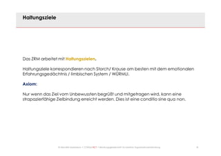 18© Mechtild Erpenbeck • CONSULTACT • Beratungsgesellschaft für kreative Organisationsentwicklung
Haltungsziele
Das ZRM arbeitet mit Haltungszielen.
Haltungsziele korrespondieren nach Storch/ Krause am besten mit dem emotionalen
Erfahrungsgedächtnis / limbischen System / WÜRMLI.
Axiom:
Nur wenn das Ziel vom Unbewussten begrüßt und mitgetragen wird, kann eine
strapazierfähige Zielbindung erreicht werden. Dies ist eine conditio sine qua non.
 