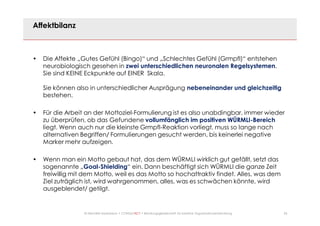 24© Mechtild Erpenbeck • CONSULTACT • Beratungsgesellschaft für kreative Organisationsentwicklung
Affektbilanz
• Die Affekte „Gutes Gefühl (Bingo)“ und „Schlechtes Gefühl (Grmpfl)“ entstehen
neurobiologisch gesehen in zwei unterschiedlichen neuronalen Regelsystemen.
Sie sind KEINE Eckpunkte auf EINER Skala.
Sie können also in unterschiedlicher Ausprägung nebeneinander und gleichzeitig
bestehen.
• Für die Arbeit an der Mottoziel-Formulierung ist es also unabdingbar, immer wieder
zu überprüfen, ob das Gefundene vollumfänglich im positiven WÜRMLI-Bereich
liegt. Wenn auch nur die kleinste Grmpfl-Reaktion vorliegt, muss so lange nach
alternativen Begriffen/ Formulierungen gesucht werden, bis keinerlei negative
Marker mehr aufzeigen.
• Wenn man ein Motto gebaut hat, das dem WÜRMLI wirklich gut gefällt, setzt das
sogenannte „Goal-Shielding“ ein. Dann beschäftigt sich WÜRMLI die ganze Zeit
freiwillig mit dem Motto, weil es das Motto so hochattraktiv findet. Alles, was dem
Ziel zuträglich ist, wird wahrgenommen, alles, was es schwächen könnte, wird
ausgeblendet/ getilgt.
 