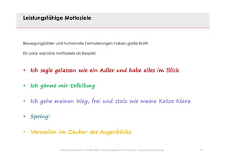 29© Mechtild Erpenbeck • CONSULTACT • Beratungsgesellschaft für kreative Organisationsentwicklung
Leistungsfähige Mottoziele
Bewegungsbilder und humorvolle Formulierungen haben große Kraft!
Ein paar erprobte Mottoziele als Beispiel:
• Ich segle gelassen wie ein Adler und habe alles im Blick
• Ich gönne mir Erfüllung
• Ich gehe meinen Weg, frei und stolz wie meine Katze Klara
• Spring!
• Verweilen im Zauber des Augenblicks
 