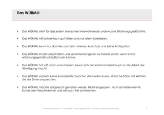 9© Mechtild Erpenbeck • CONSULTACT • Beratungsgesellschaft für kreative Organisationsentwicklung
Das WÜRMLI
• Das WÜRMLI steht für das jedem Menschen innewohnende unbewusste Erfahrungsgedächtnis.
• Das WÜRMLI will sich einfach gut fühlen und vor allem überleben.
• Das WÜRMLI kennt nur das Hier und Jetzt – keinen Aufschub und keine Antizipation.
• Das WÜRMLI ist sehr empfindlich und verantwortungsvoll: es meldet sofort, wenn etwas
erfahrungsgemäß schädllich sein könnte.
• Das WÜRMLI hat oft schon entschieden, bevor sich der Verstand überhaupt an die Arbeit der
Abwägung macht.
• Das WÜRMLI versteht keine komplizierte Sprache. Am besten kurze, einfache Sätze mit Wörtern,
die die Sinne ansprechen.
• Das WÜRMLI möchte artgerecht gehalten werde. Nicht eingesperrt, nicht als Kettenwürmli.
Es hat den Freischwimmer und will auch frei schwimmen.
 