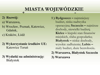 MIASTA WOJEWÓDZKIE  + Rozwój: a) Warszawa,  b) Wrocław, Poznań, Katowice, Gdańsk, c) Kraków, Łódź 2) Wykorzystanie środków UE:  Katowice Toruń 3) Wydatki na administrację:  Białystok  - 1 ) Bydgoszcz –  najmniejszy budżet, niska nadwyżka operacyjna;  Szczecin –  najniższe dochody, niewielki budżet ; Kielce –  kiepski stan finansów miejskich, słaba gospodarka;  Białystok –  niskie dochody, wysokie zadłużenie;  Lubin –  mały budżet, duże bezrobocie .   2) Warszawa, Białystok Szczecin 3) Warszawa   