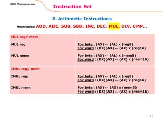 2. Arithmetic Instructions
Instruction Set
11
8086 Microprocessor
Mnemonics: ADD, ADC, SUB, SBB, INC, DEC, MUL, DIV, CMP…
MUL reg/ mem
MUL reg
MUL mem
For byte : (AX)  (AL) x (reg8)
For word : (DX)(AX)  (AX) x (reg16)
For byte : (AX)  (AL) x (mem8)
For word : (DX)(AX)  (AX) x (mem16)
IMUL reg/ mem
IMUL reg
IMUL mem
For byte : (AX)  (AL) x (reg8)
For word : (DX)(AX)  (AX) x (reg16)
For byte : (AX)  (AX) x (mem8)
For word : (DX)(AX)  (AX) x (mem16)
 