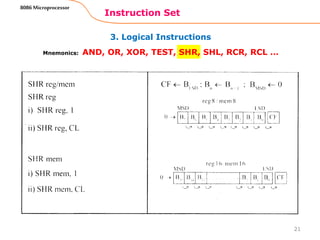 3. Logical Instructions
Instruction Set
21
8086 Microprocessor
Mnemonics: AND, OR, XOR, TEST, SHR, SHL, RCR, RCL …
 