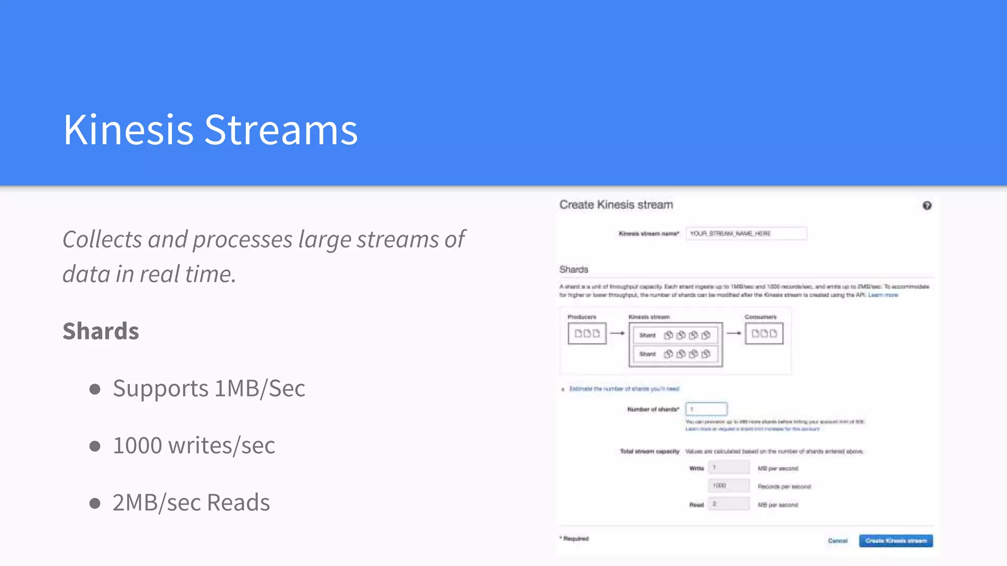 Kinesis Streams
Collects and processes large streams of
data in real time.
Shards
● Supports 1MB/Sec
● 1000 writes/sec
● 2MB/sec Reads
 
