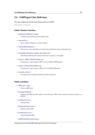 5.4 IARPAgent Class Reference                                                                                         27


5.4 IARPAgent Class Reference
This class implements the IntrAzone Routing Protocol (IARP).
#include <zrp.h>


Public Member Functions
     • IARPAgent (ZRPAgent ∗agent)
            It initializes the attributes with the default values.

     • void startUp ()
            This is called by ZRPAgent::startUp() method.

     • void buildRoutingTable ()
            This function creates Inner-Route-List & Peripheral-Node-List based on Link-State-List.

     • void addRouteInPacket (nsaddr_t dest, Packet ∗p)
            This function adds the Inner-route for node ’dest’ in packet ’p’ if available.

     • void recv_IARP_UPDATE (Packet ∗p)
            This function is called whenever ZRP receives an IARP_UPDATE packet.

     • void recv_IARP_DATA (Packet ∗p)
            This function is called whenever ZRP receives an IARP_DATA packet.

     • void print_tables ()
            This function prints Peripheral-Node-List & Inner-Route-List.




Public Attributes
     • ZRPAgent ∗ agent_
            Pointer to ZRP-Agent.

     • int updateSendFlag_
            Intialized with TRUE [periodic update is sent if this ﬂag is TRUE; After sending each update, this ﬂag is set
            FALSE].

     • LinkStateList lsLst_
            Topology Table.

     • PeripheralNodeList pnLst_
            Peripheral-Node Table.

     • InnerRouteList irLst_
            Proactive-Routing Table.

     • IARPUpdateDetectedList upLst_

Generated on Tue Apr 21 16:25:45 2009 for ZRP Agent for NS2 (NS-2 v2.33) by Doxygen
 