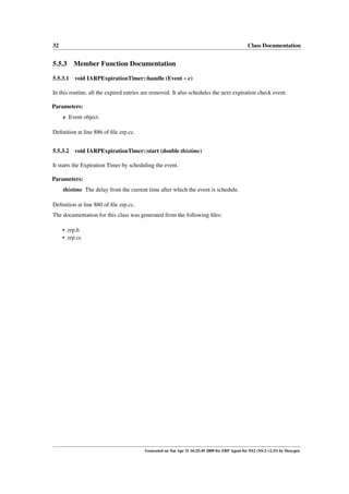 32                                                                                             Class Documentation


5.5.3    Member Function Documentation

5.5.3.1 void IARPExpirationTimer::handle (Event ∗ e)

In this routine, all the expired entries are removed. It also schedules the next expiration check event.

Parameters:
     e Event object.

Deﬁnition at line 886 of ﬁle zrp.cc.


5.5.3.2 void IARPExpirationTimer::start (double thistime)

It starts the Expiration Timer by scheduling the event.

Parameters:
     thistime The delay from the current time after which the event is schedule.

Deﬁnition at line 880 of ﬁle zrp.cc.
The documentation for this class was generated from the following ﬁles:

     • zrp.h
     • zrp.cc




                                        Generated on Tue Apr 21 16:25:45 2009 for ZRP Agent for NS2 (NS-2 v2.33) by Doxygen
 