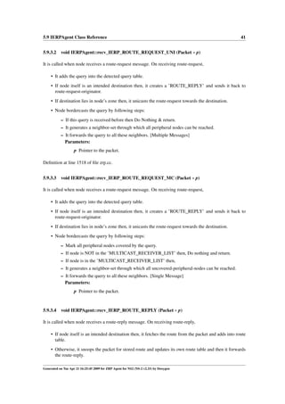 5.9 IERPAgent Class Reference                                                                               41


5.9.3.2 void IERPAgent::recv_IERP_ROUTE_REQUEST_UNI (Packet ∗ p)

It is called when node receives a route-request message. On receiving route-request,

     • It adds the query into the detected query table.
     • If node itself is an intended destination then, it creates a ’ROUTE_REPLY’ and sends it back to
       route-request-originator.
     • If destination lies in node’s zone then, it unicasts the route-request towards the destination.
     • Node bordercasts the query by following steps:
           – If this query is received before then Do Nothing & return.
           – It generates a neighbor-set through which all peripheral nodes can be reached.
           – It forwards the query to all these neighbors. [Multiple Messages]
             Parameters:
                    p Pointer to the packet.

Deﬁnition at line 1518 of ﬁle zrp.cc.


5.9.3.3 void IERPAgent::recv_IERP_ROUTE_REQUEST_MC (Packet ∗ p)

It is called when node receives a route-request message. On receiving route-request,

     • It adds the query into the detected query table.
     • If node itself is an intended destination then, it creates a ’ROUTE_REPLY’ and sends it back to
       route-request-originator.
     • If destination lies in node’s zone then, it unicasts the route-request towards the destination.
     • Node bordercasts the query by following steps:
           – Mark all peripheral nodes covered by the query.
           – If node is NOT in the ’MULTICAST_RECEIVER_LIST’ then, Do nothing and return.
           – If node is in the ’MULTICAST_RECEIVER_LIST’ then,
           – It generates a neighbor-set through which all uncovered-peripheral-nodes can be reached.
           – It forwards the query to all these neighbors. [Single Message]
             Parameters:
                    p Pointer to the packet.


5.9.3.4 void IERPAgent::recv_IERP_ROUTE_REPLY (Packet ∗ p)

It is called when node receives a route-reply message. On receiving route-reply,

     • If node itself is an intended destination then, it fetches the route from the packet and adds into route
       table.
     • Otherwise, it snoops the packet for stored route and updates its own route table and then it forwards
       the route-reply.

Generated on Tue Apr 21 16:25:45 2009 for ZRP Agent for NS2 (NS-2 v2.33) by Doxygen
 