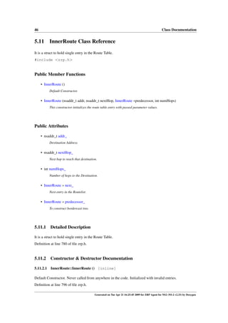 46                                                                                                 Class Documentation


5.11 InnerRoute Class Reference

It is a struct to hold single entry in the Route Table.
#include <zrp.h>


Public Member Functions

     • InnerRoute ()
           Default Constructor.

     • InnerRoute (nsaddr_t addr, nsaddr_t nextHop, InnerRoute ∗predecessor, int numHops)
           This constructor initializes the route table entry with passed parameter values.




Public Attributes

     • nsaddr_t addr_
           Destination Address.

     • nsaddr_t nextHop_
           Next hop to reach that destination.

     • int numHops_
           Number of hops to the Destination.

     • InnerRoute ∗ next_
           Next entry in the Routelist.

     • InnerRoute ∗ predecessor_
           To construct bordercast tree.




5.11.1     Detailed Description

It is a struct to hold single entry in the Route Table.
Deﬁnition at line 780 of ﬁle zrp.h.


5.11.2     Constructor & Destructor Documentation

5.11.2.1   InnerRoute::InnerRoute () [inline]

Default Constructor. Never called from anywhere in the code. Initialized with invalid entries.
Deﬁnition at line 796 of ﬁle zrp.h.

                                            Generated on Tue Apr 21 16:25:45 2009 for ZRP Agent for NS2 (NS-2 v2.33) by Doxygen
 