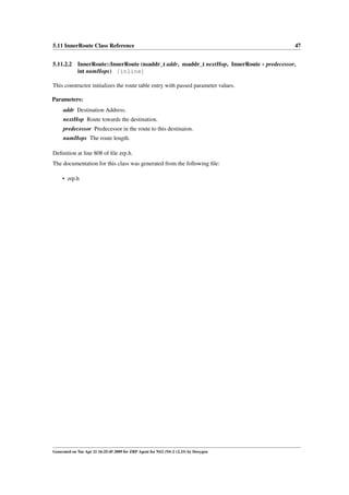 5.11 InnerRoute Class Reference                                                           47


5.11.2.2 InnerRoute::InnerRoute (nsaddr_t addr, nsaddr_t nextHop, InnerRoute ∗ predecessor,
         int numHops) [inline]

This constructor initializes the route table entry with passed parameter values.

Parameters:
     addr Destination Address.
     nextHop Route towards the destination.
     predecessor Predecessor in the route to this destinaion.
     numHops The route length.

Deﬁnition at line 808 of ﬁle zrp.h.
The documentation for this class was generated from the following ﬁle:

     • zrp.h




Generated on Tue Apr 21 16:25:45 2009 for ZRP Agent for NS2 (NS-2 v2.33) by Doxygen
 
