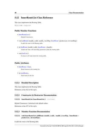 48                                                                                                    Class Documentation


5.12 InnerRouteList Class Reference
This class implements the Routing Table.
#include <zrp.h>


Public Member Functions
     • InnerRouteList ()
           Default Constructor.

     • void addRoute (nsaddr_t addr, nsaddr_t nextHop, InnerRoute ∗predecessor, int numHops)
           It adds the route to the Routing table.

     • int ﬁndRoute (nsaddr_t addr, InnerRoute ∗∗handle)
           It ﬁnds the route with matching parameters from the routing table.

     • void freeList ()
           It removes all routes from the routing table.




Public Attributes
     • InnerRoute ∗ head_
           Head element in the routing list.

     • int numRoutes_
           Total routes in the list.




5.12.1     Detailed Description

This class implements the Routing Table.
Deﬁnition at line 822 of ﬁle zrp.h.


5.12.2     Constructor & Destructor Documentation

5.12.2.1    InnerRouteList::InnerRouteList () [inline]

Default Constructor. Initialized with default values.
Deﬁnition at line 837 of ﬁle zrp.h.


5.12.3 Member Function Documentation

5.12.3.1 void InnerRouteList::addRoute (nsaddr_t addr, nsaddr_t nextHop, InnerRoute ∗
         predecessor, int numHops)

It adds the route to the Routing table.

                                               Generated on Tue Apr 21 16:25:45 2009 for ZRP Agent for NS2 (NS-2 v2.33) by Doxygen
 