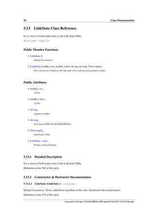 50                                                                                                 Class Documentation


5.13 LinkState Class Reference
It is a struct to hold single entry in the Link State Table.
#include <zrp.h>


Public Member Functions
     • LinkState ()
           Default Constructor.

     • LinkState (nsaddr_t src, nsaddr_t dest, int seq, int isup, Time expiry)
           This constructor initializes the link state entry with passed parameter values.




Public Attributes
     • nsaddr_t src_
           32 bits

     • nsaddr_t dest_
           32 bits

     • int seq_
           sequence number

     • int isup_
           Link State LINKUP[1]/LINKDOWN[0].

     • Time expiry_
           Link Expiry Time.

     • LinkState ∗ next_
           Pointer to Next Element.




5.13.1     Detailed Description

It is a struct to hold single entry in the Link State Table.
Deﬁnition at line 562 of ﬁle zrp.h.


5.13.2     Constructor & Destructor Documentation

5.13.2.1   LinkState::LinkState () [inline]

Default Constructor. Never called from anywhere in the code. Initialized with invalid entries.
Deﬁnition at line 579 of ﬁle zrp.h.

                                            Generated on Tue Apr 21 16:25:45 2009 for ZRP Agent for NS2 (NS-2 v2.33) by Doxygen
 