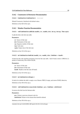 5.14 LinkStateList Class Reference                                                                     53


5.14.2 Constructor & Destructor Documentation

5.14.2.1 LinkStateList::LinkStateList () [inline]

Default Constructor. Initialized with default values.
Deﬁnition at line 620 of ﬁle zrp.h.


5.14.3 Member Function Documentation

5.14.3.1 void LinkStateList::addLink (nsaddr_t src, nsaddr_t dest, int seq, int isup, Time expiry)

It adds the link to the link state table.
Parameters:
     src Source of link state
     dest Destination of link state
     seq Sequence number of link state
     isup Link status
     expiry Expiry time of the link state

Deﬁnition at line 410 of ﬁle zrp.cc.


5.14.3.2 int LinkStateList::ﬁndLink (nsaddr_t src, nsaddr_t dest, LinkState ∗∗ handle)

It ﬁnds the link with matching parameters from the link state table. And if found, returns 1)TRUE & 2)
pointer to found entry; Else returns FALSE.

Parameters:
     src Source of link state
     dest Destination of link state
     handle Handle to the link state (If found)

Deﬁnition at line 423 of ﬁle zrp.cc.


5.14.3.3 int LinkStateList::isEmpty ()

It checks for whether the table is empty or not. Returns TRUE if empty, and returns FASLE otherwise.
Deﬁnition at line 448 of ﬁle zrp.cc.


5.14.3.4 void LinkStateList::removeLink (LinkState ∗ prev, LinkState ∗ toBeDeleted)

It removes the link from the linkstate table.
Parameters:
     prev Pointer to previous element in the list.
     toBeDeleted Pointer to the element that should be deleted.

Deﬁnition at line 458 of ﬁle zrp.cc.

Generated on Tue Apr 21 16:25:45 2009 for ZRP Agent for NS2 (NS-2 v2.33) by Doxygen
 