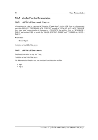 58                                                                                               Class Documentation


5.16.3 Member Function Documentation

5.16.3.1 void NDPAckTimer::handle (Event ∗ e)

It implements the code for checking ACK timeout. If node doesn’t receive ACK from an existing neigh-
bor within ’DEFAULT_NEIGHBOR_ACK_TIMEOUT’ seconds & ’DEFAULT_MAX_ACK_TIMEOUT’
times then, node removes(marks the linkstatus = LINKDOWN) the neighbor from its ’NEIGHBOR_-
TABLE’ and notiﬁes IARP to rebuild the ’INNER_ROUTING_TABLE’ and ’PERIPHERAL_NODE_-
TABLE’.

Parameters:
     e Event Object.

Deﬁnition at line 222 of ﬁle zrp.cc.


5.16.3.2 void NDPAckTimer::start ()

This function is called to start this Timer.
Deﬁnition at line 216 of ﬁle zrp.cc.
The documentation for this class was generated from the following ﬁles:

     • zrp.h
     • zrp.cc




                                          Generated on Tue Apr 21 16:25:45 2009 for ZRP Agent for NS2 (NS-2 v2.33) by Doxygen
 