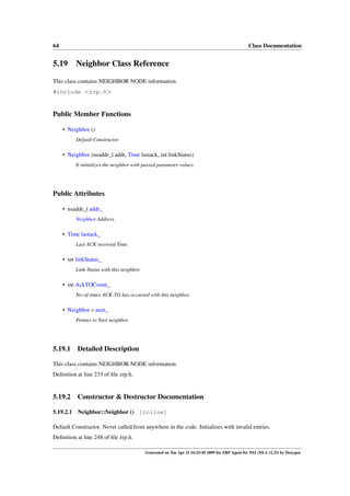 64                                                                                                  Class Documentation


5.19 Neighbor Class Reference

This class contains NEIGHBOR NODE information.
#include <zrp.h>


Public Member Functions

     • Neighbor ()
           Default Constructor.

     • Neighbor (nsaddr_t addr, Time lastack, int linkStatus)
           It initializes the neighbor with passed parameter values.




Public Attributes

     • nsaddr_t addr_
           Neighbor Address.

     • Time lastack_
           Last ACK received Time.

     • int linkStatus_
           Link-Status with this neighbor.

     • int AckTOCount_
           No-of-times ACK-TO has occurred with this neighbor.

     • Neighbor ∗ next_
           Pointer to Next neighbor.




5.19.1     Detailed Description

This class contains NEIGHBOR NODE information.
Deﬁnition at line 233 of ﬁle zrp.h.


5.19.2     Constructor & Destructor Documentation

5.19.2.1   Neighbor::Neighbor () [inline]

Default Constructor. Never called from anywhere in the code. Initializes with invalid entries.
Deﬁnition at line 248 of ﬁle zrp.h.

                                             Generated on Tue Apr 21 16:25:45 2009 for ZRP Agent for NS2 (NS-2 v2.33) by Doxygen
 