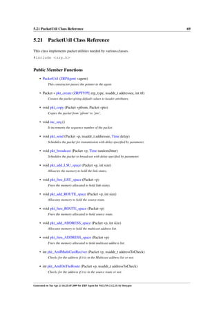 5.21 PacketUtil Class Reference                                                       69


5.21 PacketUtil Class Reference
This class implements packet utilities needed by various classes.
#include <zrp.h>


Public Member Functions
     • PacketUtil (ZRPAgent ∗agent)
            This constructor passes the pointer to the agent.

     • Packet ∗ pkt_create (ZRPTYPE zrp_type, nsaddr_t addressee, int ttl)
            Creates the packet giving default values to header attributes.

     • void pkt_copy (Packet ∗pfrom, Packet ∗pto)
            Copies the packet from ’pfrom’ to ’pto’.

     • void inc_seq ()
            It increments the sequence number of the packet.

     • void pkt_send (Packet ∗p, nsaddr_t addressee, Time delay)
            Schedules the packet for transmission with delay speciﬁed by parameter.

     • void pkt_broadcast (Packet ∗p, Time randomJitter)
            Schedules the packet to broadcast with delay speciﬁed by parameter.

     • void pkt_add_LSU_space (Packet ∗p, int size)
            Alloactes the memory to hold the link-states.

     • void pkt_free_LSU_space (Packet ∗p)
            Frees the memory allocated to hold link-states.

     • void pkt_add_ROUTE_space (Packet ∗p, int size)
            Allocates memory to hold the source route.

     • void pkt_free_ROUTE_space (Packet ∗p)
            Frees the memory allocated to hold source route.

     • void pkt_add_ADDRESS_space (Packet ∗p, int size)
            Allocates memory to hold the multicast address list.

     • void pkt_free_ADDRESS_space (Packet ∗p)
            Frees the memory allocated to hold multicast address list.

     • int pkt_AmIMultiCastReciver (Packet ∗p, nsaddr_t addressToCheck)
            Checks for the address if it is in the Multicast address list or not.

     • int pkt_AmIOnTheRoute (Packet ∗p, nsaddr_t addressToCheck)
            Checks for the address if it is in the source route or not.



Generated on Tue Apr 21 16:25:45 2009 for ZRP Agent for NS2 (NS-2 v2.33) by Doxygen
 