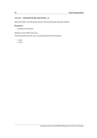 74                                                                                             Class Documentation


5.21.3.16 void PacketUtil::pkt_drop (Packet ∗ p)

Drops the packet. Frees the packet memory. but not dynamically allocated attributes.

Parameters:
     p Pointer the the packet.

Deﬁnition at line 2490 of ﬁle zrp.cc.
The documentation for this class was generated from the following ﬁles:

     • zrp.h
     • zrp.cc




                                        Generated on Tue Apr 21 16:25:45 2009 for ZRP Agent for NS2 (NS-2 v2.33) by Doxygen
 
