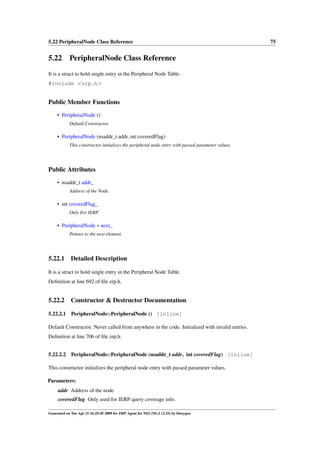 5.22 PeripheralNode Class Reference                                                                75


5.22 PeripheralNode Class Reference
It is a struct to hold single entry in the Peripheral Node Table.
#include <zrp.h>


Public Member Functions
     • PeripheralNode ()
            Default Constructor.

     • PeripheralNode (nsaddr_t addr, int coveredFlag)
            This constructor initializes the peripheral node entry with passed parameter values.




Public Attributes
     • nsaddr_t addr_
            Address of the Node.

     • int coveredFlag_
            Only For IERP.

     • PeripheralNode ∗ next_
            Pointer to the next element.




5.22.1       Detailed Description

It is a struct to hold single entry in the Peripheral Node Table.
Deﬁnition at line 692 of ﬁle zrp.h.


5.22.2       Constructor & Destructor Documentation

5.22.2.1     PeripheralNode::PeripheralNode () [inline]

Default Constructor. Never called from anywhere in the code. Initialized with invalid entries.
Deﬁnition at line 706 of ﬁle zrp.h.


5.22.2.2 PeripheralNode::PeripheralNode (nsaddr_t addr, int coveredFlag) [inline]

This constructor initializes the peripheral node entry with passed parameter values.

Parameters:
     addr Address of the node.
     coveredFlag Only used for IERP query coverage info.

Generated on Tue Apr 21 16:25:45 2009 for ZRP Agent for NS2 (NS-2 v2.33) by Doxygen
 