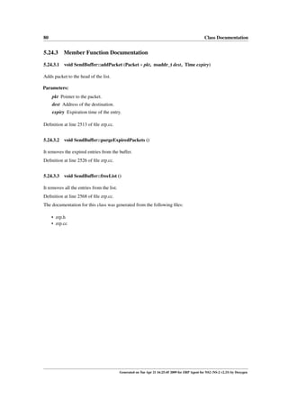 80                                                                                                 Class Documentation


5.24.3 Member Function Documentation

5.24.3.1 void SendBuffer::addPacket (Packet ∗ pkt, nsaddr_t dest, Time expiry)

Adds packet to the head of the list.

Parameters:
     pkt Pointer to the packet.
     dest Address of the destination.
     expiry Expiration time of the entry.

Deﬁnition at line 2513 of ﬁle zrp.cc.


5.24.3.2 void SendBuffer::purgeExpiredPackets ()

It removes the expired entries from the buffer.
Deﬁnition at line 2526 of ﬁle zrp.cc.


5.24.3.3 void SendBuffer::freeList ()

It removes all the entries from the list.
Deﬁnition at line 2568 of ﬁle zrp.cc.
The documentation for this class was generated from the following ﬁles:

     • zrp.h
     • zrp.cc




                                            Generated on Tue Apr 21 16:25:45 2009 for ZRP Agent for NS2 (NS-2 v2.33) by Doxygen
 