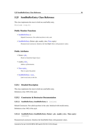 5.25 SendBufferEntry Class Reference                                                             81


5.25 SendBufferEntry Class Reference
This class implements the struct to hold one send buffer entry.
#include <zrp.h>


Public Member Functions
     • SendBufferEntry ()
            Default Constructor. Not called anywhere in the code.

     • SendBufferEntry (Packet ∗pkt, nsaddr_t dest, Time expiry)
            Parameterized constructor. Intializes the Send Buffer Entry with parameter values.




Public Attributes
     • Packet ∗ pkt_
            Packet to Send from Upper-Layer.

     • nsaddr_t dest_
            Address of Destination.

     • Time expiry_
            Time to expire the packet.

     • SendBufferEntry ∗ next_
            Link to next entry in the list.




5.25.1       Detailed Description

This class implements the struct to hold one send buffer entry.
Deﬁnition at line 1949 of ﬁle zrp.h.


5.25.2       Constructor & Destructor Documentation

5.25.2.1     SendBufferEntry::SendBufferEntry () [inline]

Default Constructor. Not called anywhere in the code. Intialized with invalid entries.
Deﬁnition at line 1962 of ﬁle zrp.h.


5.25.2.2 SendBufferEntry::SendBufferEntry (Packet ∗ pkt, nsaddr_t dest, Time expiry)
         [inline]

Parameterized constructor. Intializes the Send Buffer Entry with parameter values.

Generated on Tue Apr 21 16:25:45 2009 for ZRP Agent for NS2 (NS-2 v2.33) by Doxygen
 