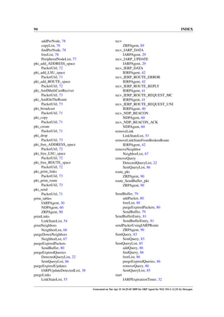 94                                                                                                         INDEX


     addPerNode, 78                                 recv
     copyList, 78                                        ZRPAgent, 89
     ﬁndPerNode, 78                                 recv_IARP_DATA
     freeList, 78                                        IARPAgent, 29
     PeripheralNodeList, 77                         recv_IARP_UPDATE
pkt_add_ADDRESS_space                                    IARPAgent, 29
     PacketUtil, 72                                 recv_IERP_DATA
pkt_add_LSU_space                                        IERPAgent, 42
     PacketUtil, 71                                 recv_IERP_ROUTE_ERROR
pkt_add_ROUTE_space                                      IERPAgent, 42
     PacketUtil, 72                                 recv_IERP_ROUTE_REPLY
pkt_AmIMultiCastReciver                                  IERPAgent, 41
     PacketUtil, 73                                 recv_IERP_ROUTE_REQUEST_MC
pkt_AmIOnTheRoute                                        IERPAgent, 41
     PacketUtil, 73                                 recv_IERP_ROUTE_REQUEST_UNI
pkt_broadcast                                            IERPAgent, 40
     PacketUtil, 71                                 recv_NDP_BEACON
pkt_copy                                                 NDPAgent, 60
     PacketUtil, 71                                 recv_NDP_BEACON_ACK
pkt_create                                               NDPAgent, 60
     PacketUtil, 71                                 removeLink
pkt_drop                                                 LinkStateList, 53
     PacketUtil, 73                                 removeLinkStateFromBrokenRoute
pkt_free_ADDRESS_space                                   IERPAgent, 42
     PacketUtil, 72                                 removeNeighbor
pkt_free_LSU_space                                       NeighborList, 67
     PacketUtil, 72                                 removeQuery
pkt_free_ROUTE_space                                     DetectedQueryList, 22
     PacketUtil, 72                                      SentQueryList, 86
pkt_print_links                                     route_pkt
     PacketUtil, 73                                      ZRPAgent, 90
pkt_print_route                                     route_SendBuffer_pkt
     PacketUtil, 73                                      ZRPAgent, 90
pkt_send
     PacketUtil, 71                                 SendBuffer, 79
print_tables                                              addPacket, 80
     IARPAgent, 30                                        freeList, 80
     NDPAgent, 60                                         purgeExpiredPackets, 80
     ZRPAgent, 90                                         SendBuffer, 79
printLinks                                          SendBufferEntry, 81
     LinkStateList, 54                                    SendBufferEntry, 81
printNeighbors                                      sendPacketUsingIARPRoute
     NeighborList, 68                                     ZRPAgent, 90
purgeDownNeighbors                                  SentQuery, 83
     NeighborList, 67                                     SentQuery, 83
purgeExpiredPackets                                 SentQueryList, 85
     SendBuffer, 80                                       addQuery, 86
purgeExpiredQueries                                       ﬁndQuery, 86
     DetectedQueryList, 22                                freeList, 86
     SentQueryList, 86                                    purgeExpiredQueries, 86
purgeExpiredUpdates                                       removeQuery, 86
     IARPUpdateDetectedList, 38                           SentQueryList, 85
purgeLinks                                          start
     LinkStateList, 53                                    IARPExpirationTimer, 32

                                  Generated on Tue Apr 21 16:25:45 2009 for ZRP Agent for NS2 (NS-2 v2.33) by Doxygen
 