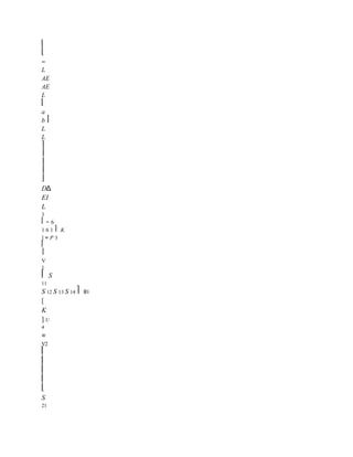 ⎢
⎣
−
L
AE
AE
L
⎢
a
b ⎥
L
L
⎤
⎥
⎥
⎥
⎦
DΔ
EI
L
3
⎡ − 6
1 6 1 ⎤ K
] = P 3
⎢
⎥
V
1
⎡ S
11
S 12 S 13 S 14 ⎤ θ1
[
K
] U
4
=
V2
⎢
⎢
⎢
⎢
⎣
S
21
 