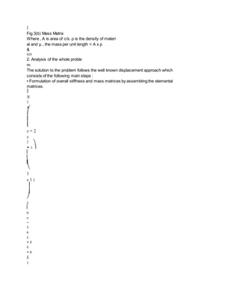 ⎥
Fig.3(b) Mass Matrix
Where , A is area of c/s. ρ is the density of materi
al and μ , the mass per unit length = A x ρ
&
420
2. Analysis of the whole proble
m
The solution to the problem follows the well known displacement approach which
consists of the following main steps :
• Formulation of overall stiffness and mass matrices by assembling the elemental
matrices.
⎥
N
2
=
⎛
⎜
⎜
x − 2
x
2
+ 3 ⎞
⎢
⎢
⎢
⎝
1
x 1 2
⎟
⎟
⎠
L
⎢
0
a
−
5
6
L
+ S
b
+ 0
L
1
 