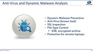 18© 2014 Critical Start LLC
Anti-Virus	and	Dynamic	Malware	Analysis
Ongoing
90%
• Dynamic Malware Prevention
• Anti-Virus (known bad)
• SSL Inspection
• File Type Control
§ EXE, encrypted archive
• Protection for remote laptops
 