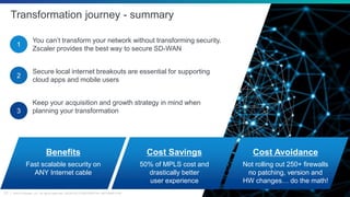 ©2019 Zscaler, Inc. All rights reserved. ZSCALER CONFIDENTIAL INFORMATION21
Benefits
Fast scalable security on
ANY Internet cable
Transformation journey - summary
You can’t transform your network without transforming security.
Zscaler provides the best way to secure SD-WAN
1
Cost Savings
50% of MPLS cost and
drastically better
user experience
Cost Avoidance
Not rolling out 250+ firewalls
no patching, version and
HW changes… do the math!
2
Secure local internet breakouts are essential for supporting
cloud apps and mobile users
3
Keep your acquisition and growth strategy in mind when
planning your transformation
 