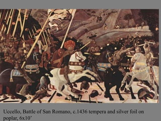 Uccello, Battle of San Romano, c.1436 tempera and silver foil on 
poplar, 6x10’ 
 