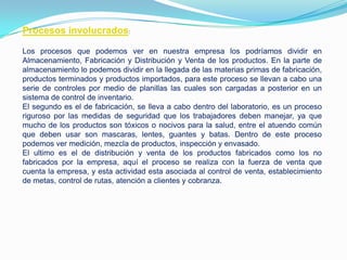 Procesos involucrados:

Los procesos que podemos ver en nuestra empresa los podríamos dividir en
Almacenamiento, Fabricación y Distribución y Venta de los productos. En la parte de
almacenamiento lo podemos dividir en la llegada de las materias primas de fabricación,
productos terminados y productos importados, para este proceso se llevan a cabo una
serie de controles por medio de planillas las cuales son cargadas a posterior en un
sistema de control de inventario.
El segundo es el de fabricación, se lleva a cabo dentro del laboratorio, es un proceso
riguroso por las medidas de seguridad que los trabajadores deben manejar, ya que
mucho de los productos son tóxicos o nocivos para la salud, entre el atuendo común
que deben usar son mascaras, lentes, guantes y batas. Dentro de este proceso
podemos ver medición, mezcla de productos, inspección y envasado.
El ultimo es el de distribución y venta de los productos fabricados como los no
fabricados por la empresa, aquí el proceso se realiza con la fuerza de venta que
cuenta la empresa, y esta actividad esta asociada al control de venta, establecimiento
de metas, control de rutas, atención a clientes y cobranza.
 